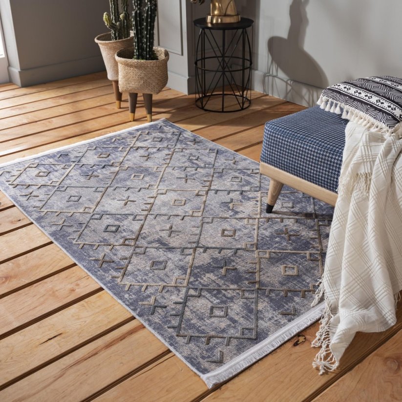 Модерен сив килим с пискюли в скандинавски стил