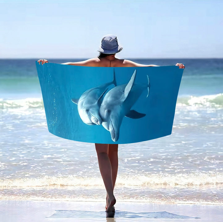 Plavi ručnik za plažu s dupinima - Veličina: Širina: 100 cm | Duljina: 180 cm