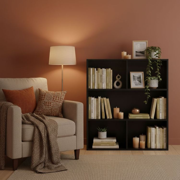 Moderný čierny regál – trojposchodová polica na knihy, dekorácie a hračky