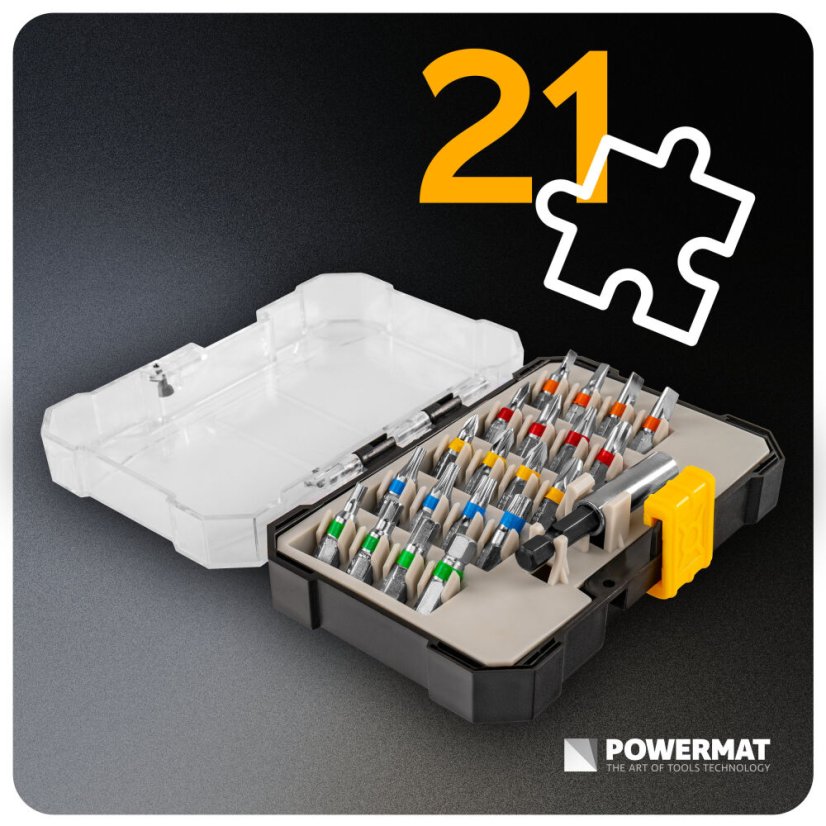 Sada bitov Powermat 21 ks – oceľ S2, magnetické predĺženie 60 mm