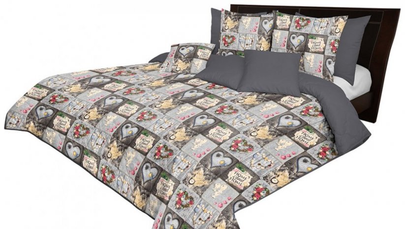Cuvertură de pat cu două fețe culoarea gri, cu model HOME SWEET HOME