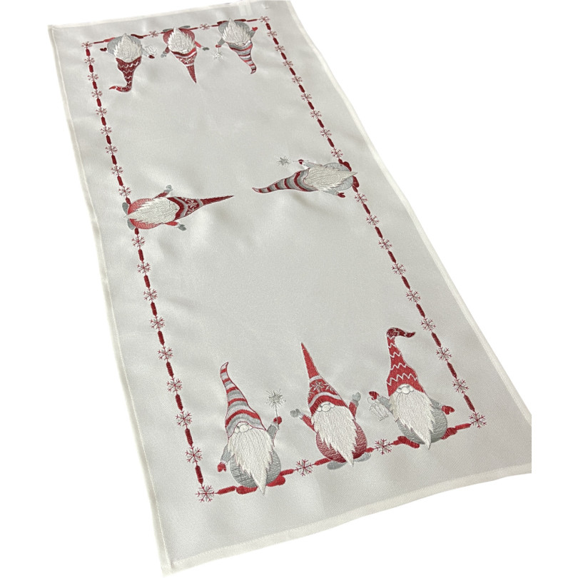 Biela vianočná štóla s červenou výšivkou škriatkov