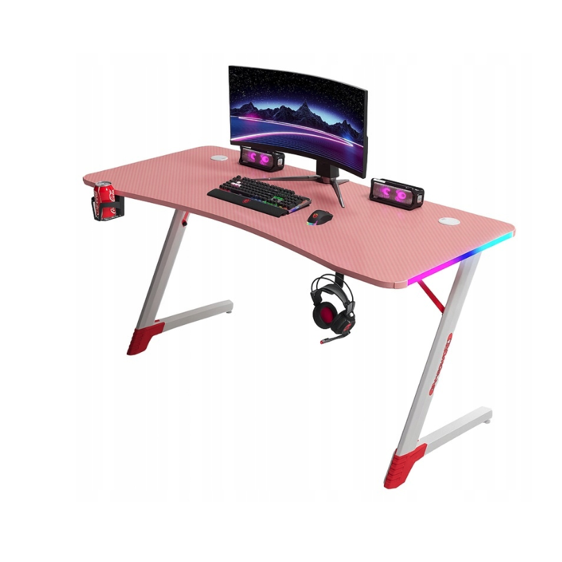Ružový herný PC stôl s RGB LED osvetlením