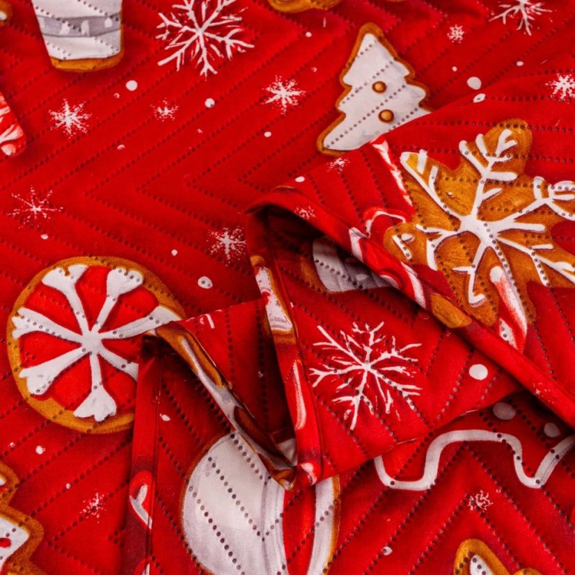 Vianočný prehoz na posteľ, červený, s motívom vianočného pečiva