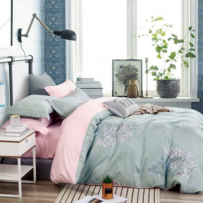 Lenjerie de pat reversibilă gri, cu model floral