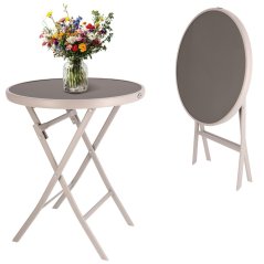 Masă pliabilă din metal, de culoare bej, pentru balcoane și terase, 60 cm, cu blat din sticlă