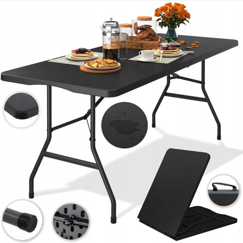 Záhradný cateringový stôl rozkladací 180 cm - čierny