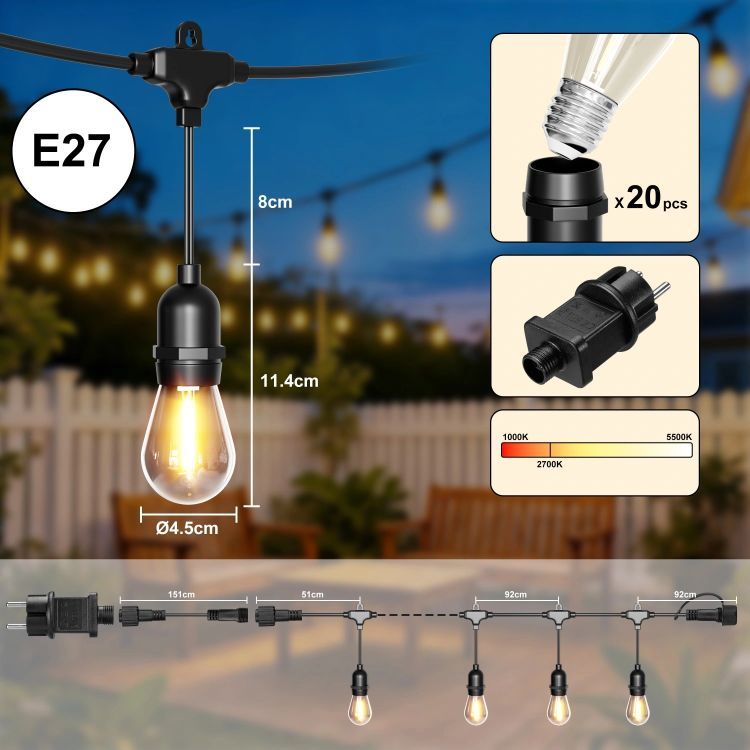 Kerti LED füzér - fénylánc E27 izzókkal