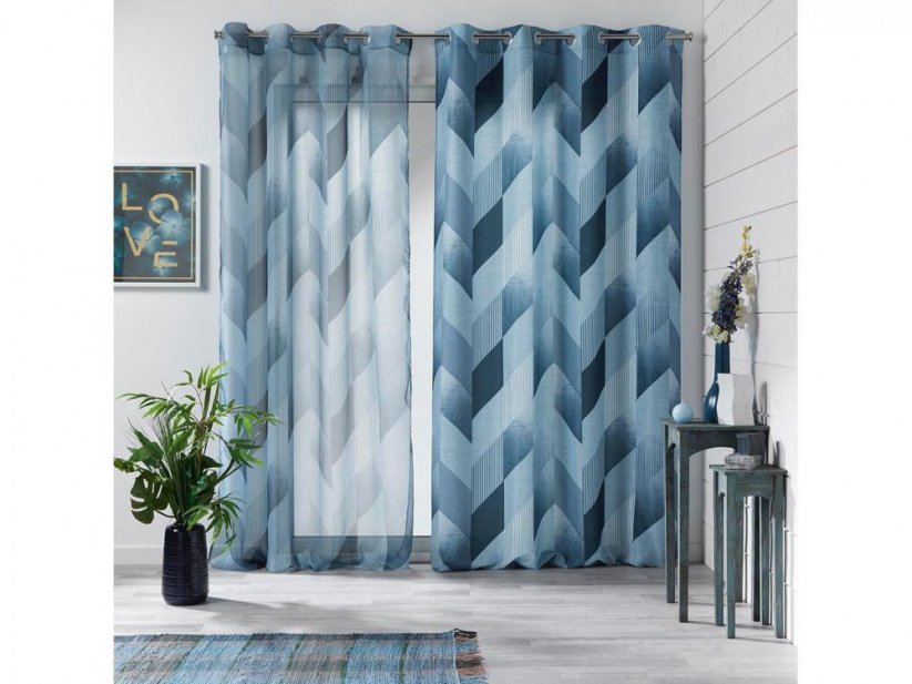 Модерна синя завеса с геометричен модел на халки 140 х 260 см