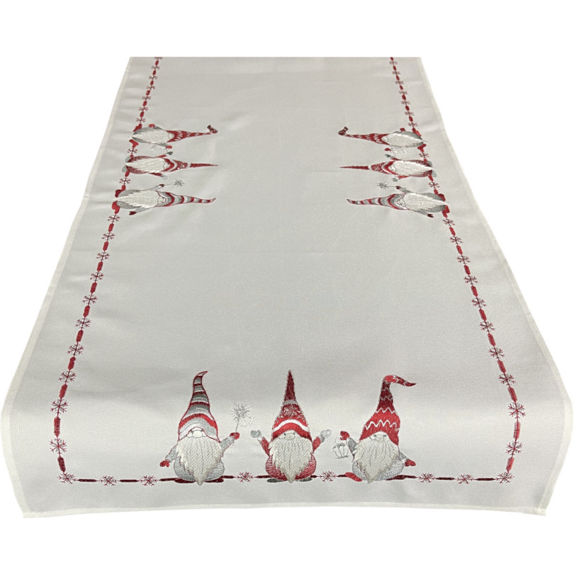 Biela vianočná štóla s červenou výšivkou škriatkov