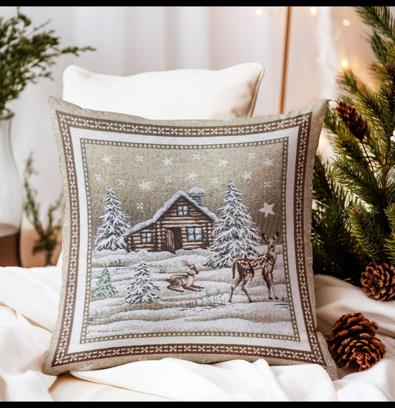 Vianočná gobelínová obliečka na vankúš Zasnežená krajinka – béžová