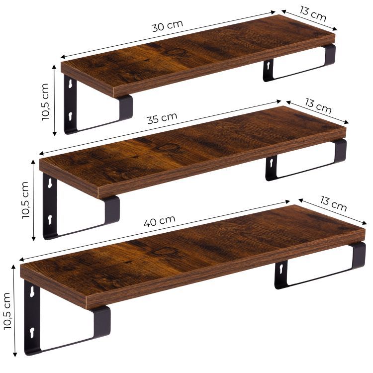 Závěsné loftové police na květiny a dekorace - sada 3 kusů, černá ocel a dřevěný dekor
