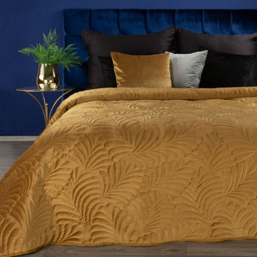 Cuvertură de pat luxoasă din catifea galben-aurie