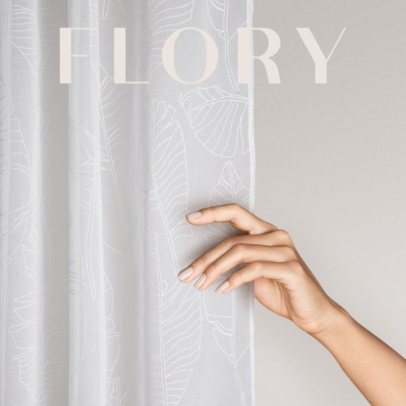 Perdea albă Flory cu model de frunze și dungi 140 x 260 cm