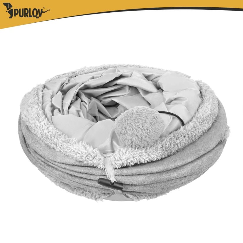 Tunel pentru pisici, de culoare gri, cu o minge – 120 x 25 cm