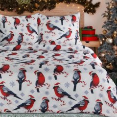 Karácsonyi lepedő mikroszálas anyagból - fehér-piros madarakkal és téli mintával