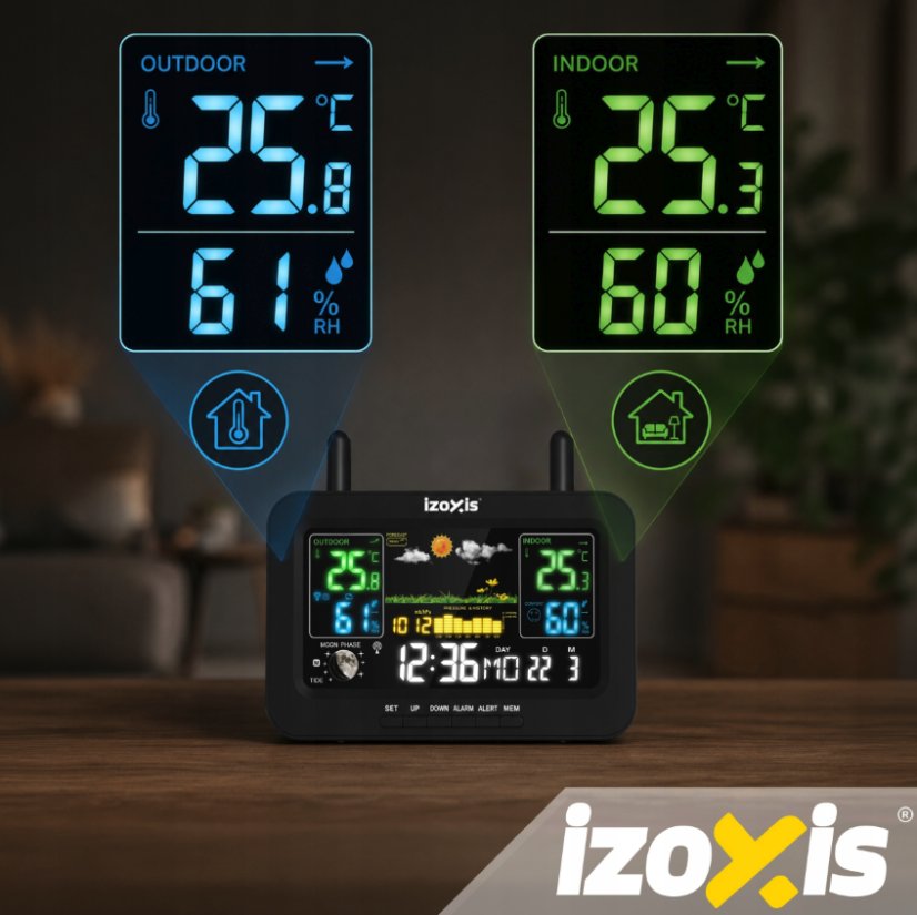 Bezdrôtová meteorologická stanica IZOXIS – teplomer, vlhkomer, hodiny, senzor 100 m