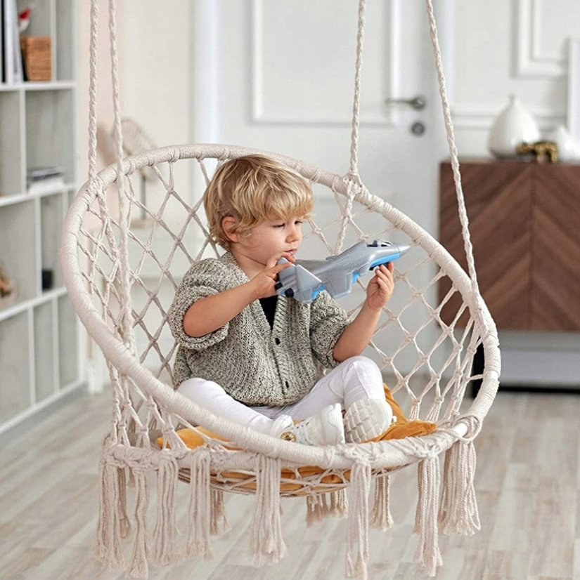 Závesná hojdačka bocianie hniezdo s poduškou v béžovej farbe