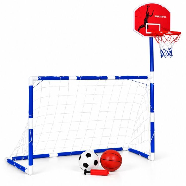Detská športová súprava 2 v 1 – futbalová bránka a basketbalový kôš s loptami
