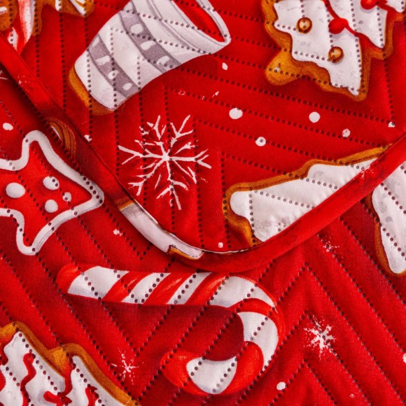 Vianočný prehoz na posteľ, červený, s motívom vianočného pečiva