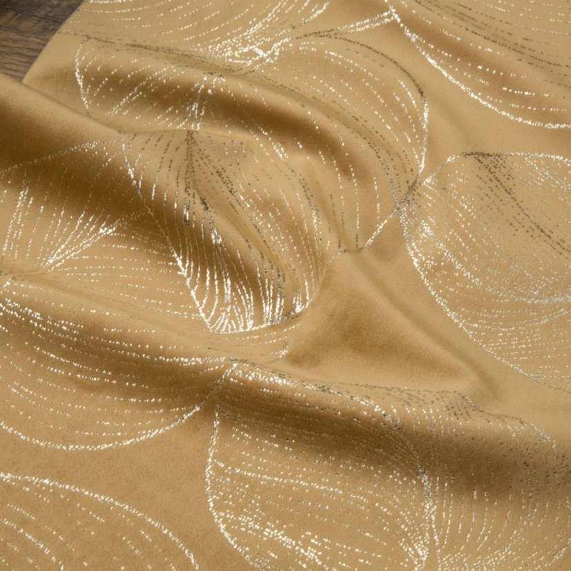 Bársony középső terítő fényes, mézszínű levélnyomtatással