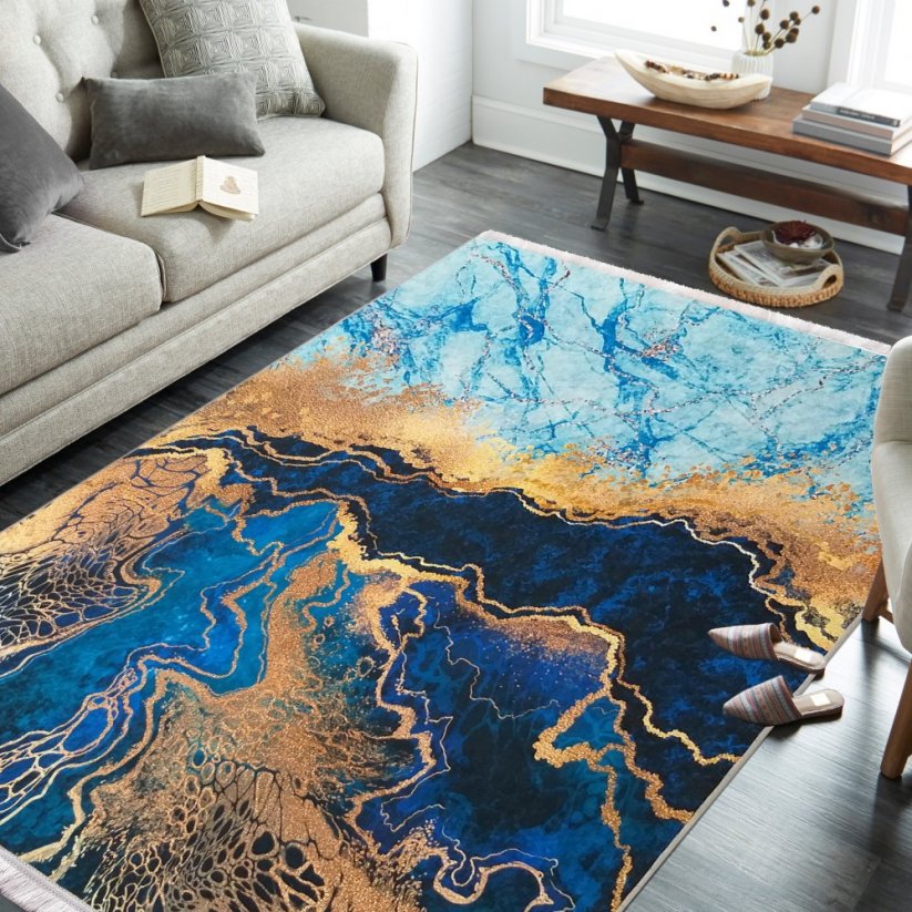 Modrý protišmykový koberec s originálnym motívom