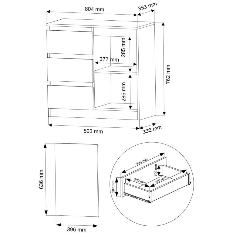 Komoda R-80-S3 se zásuvkami 80 cm - různé barevné varianty - Barva produktu: antracit mix bílá