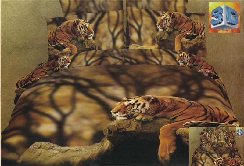 Lenjerie de pat culoarea verde-maro cu model 3D tigru culcat