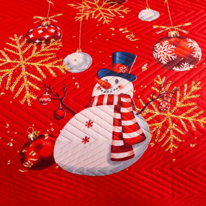 Crveni prošiveni božićni prekrivač sa snjegovićima - elegantan zimski ukras za krevet