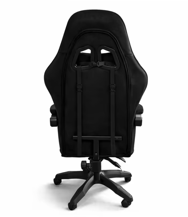 Scaun de gaming negru cu tapițerie din catifea și suport pentru picioare extensibil