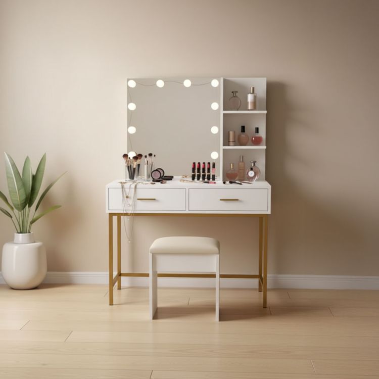 Veliki kozmetički toaletni stolić s LED ogledalom i bočnim policama