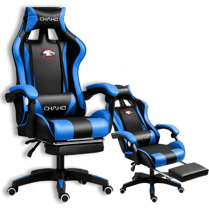 Comoda sedia da gaming con cuscino nero e blu