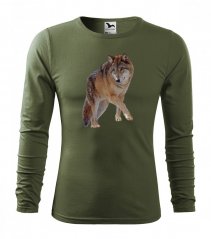 Pánské lovecké tričko s kvalitním potiskem vlka a dlouhými rukávy