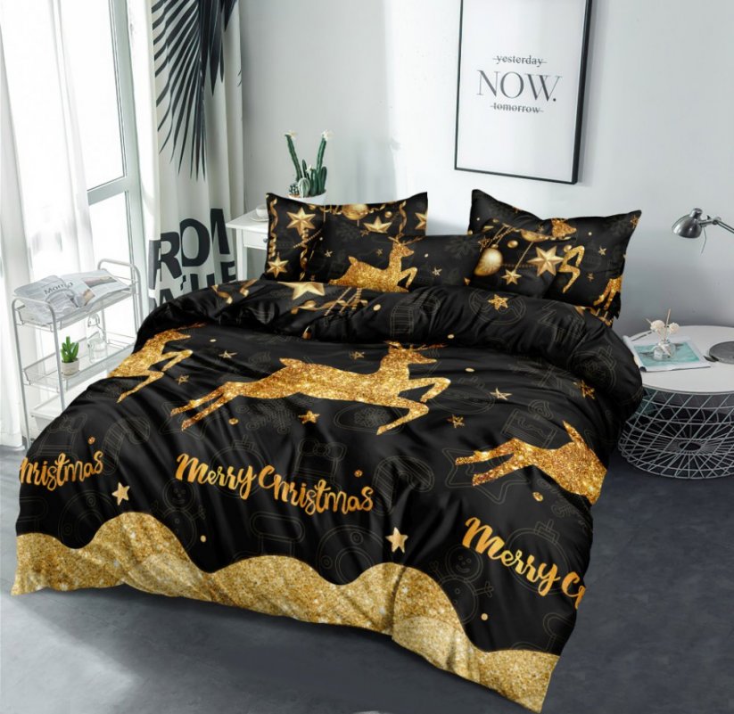 Luksuzna božična črno-zlata posteljnina z motivom MERRY CHRISTMAS