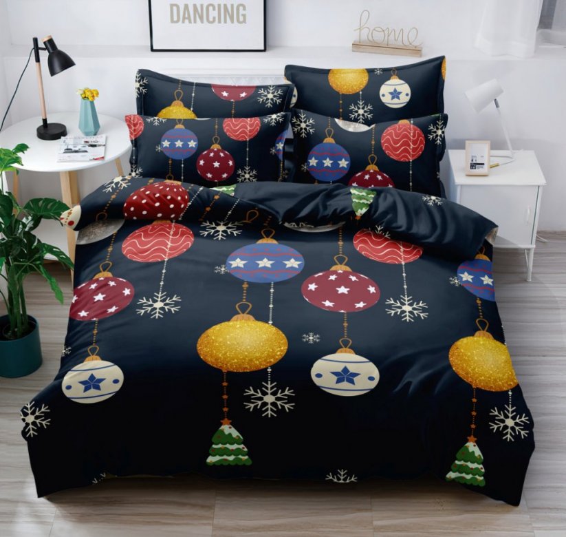 Visokokvalitetna tamnoplava božićna posteljina sa šarenim ukrasima