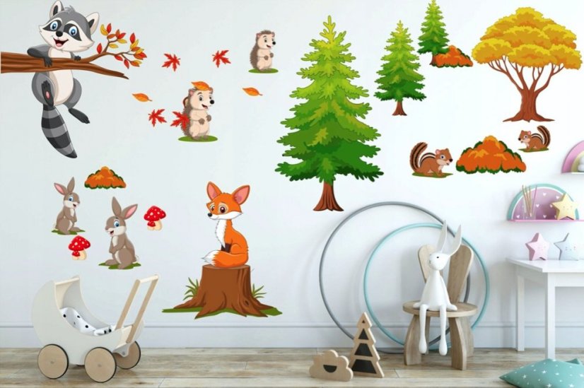 Adesivo da muro colorato per bambini con design animali della foresta felici