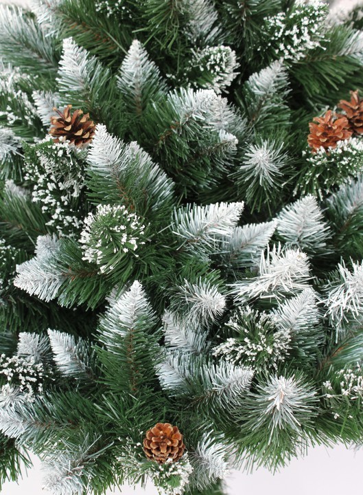Albero di Natale artificiale di lusso leggermente innevato con pigne sul tronco 190 cm