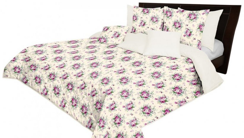 Krémový prehoz na posteľ obojstranný s kvetinovým motívom