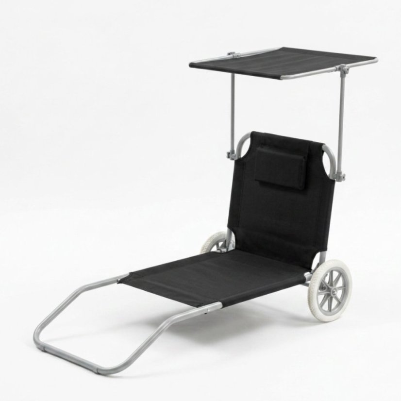 Plážové ležadlo 2v1 s kolieskami a strieškou – skladacie lehátko s vozíkom a vankúšom