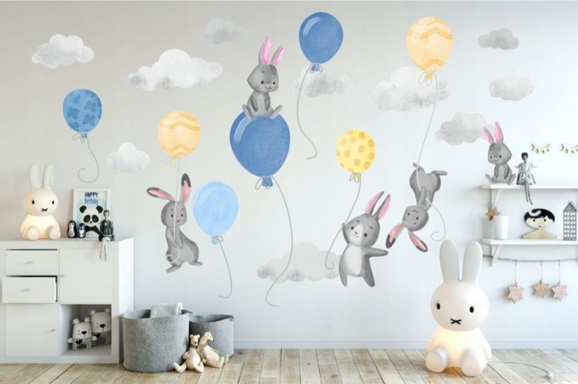 Veľká nálepka na stenu modro žltá zajačikova a balóny 100 x 200 cm 