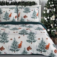 Коледни чаршафи от микрофибър - бяло-зелени с горски животни