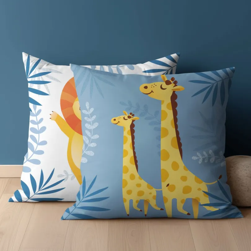 Detská bavlnená obliečka na vankúš so žirafou a levom - obojstranná