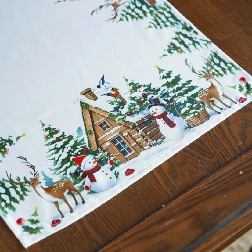 Elegáns fehér karácsonyi terítő téli tájképekkel - több méretben kapható