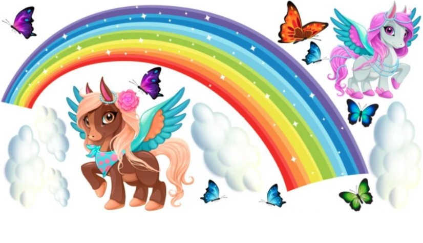 Pohádková duhová nálepka na zeď - jednorožec, obloha a motýli