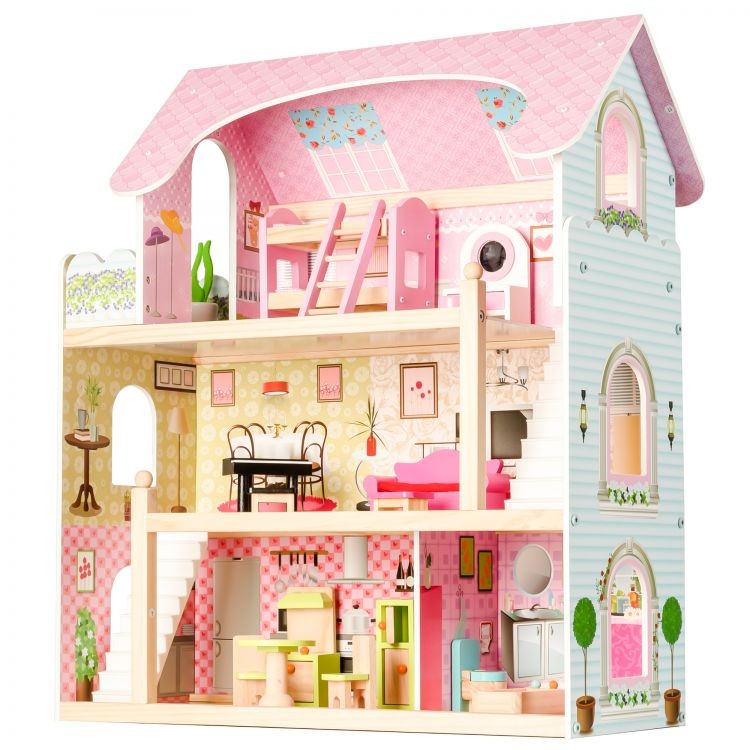 Ružový drevený domček pre bábiky + 4 bábiky