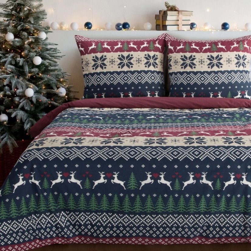 Set de lenjerii de pat din bumbac de Crăciun cu model norvegian de ren și copac