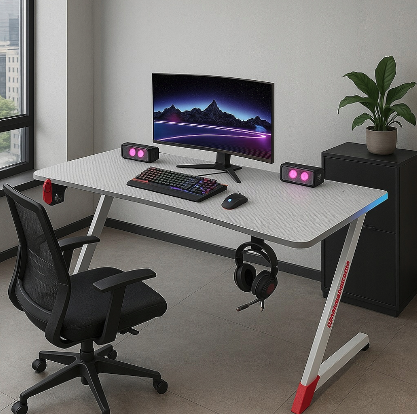 Biely herný PC stôl s RGB LED osvetlením