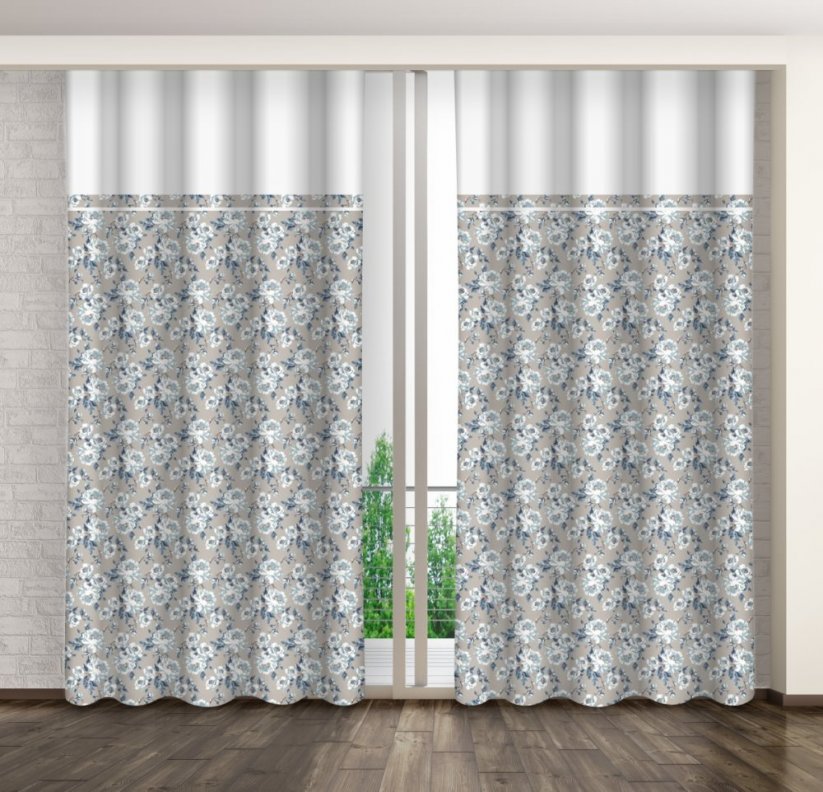 Bézs színű függöny kék virágmintával és fehér szegéllyel - Méret: Szélesség: 160 cm | Hossz: 270 cm