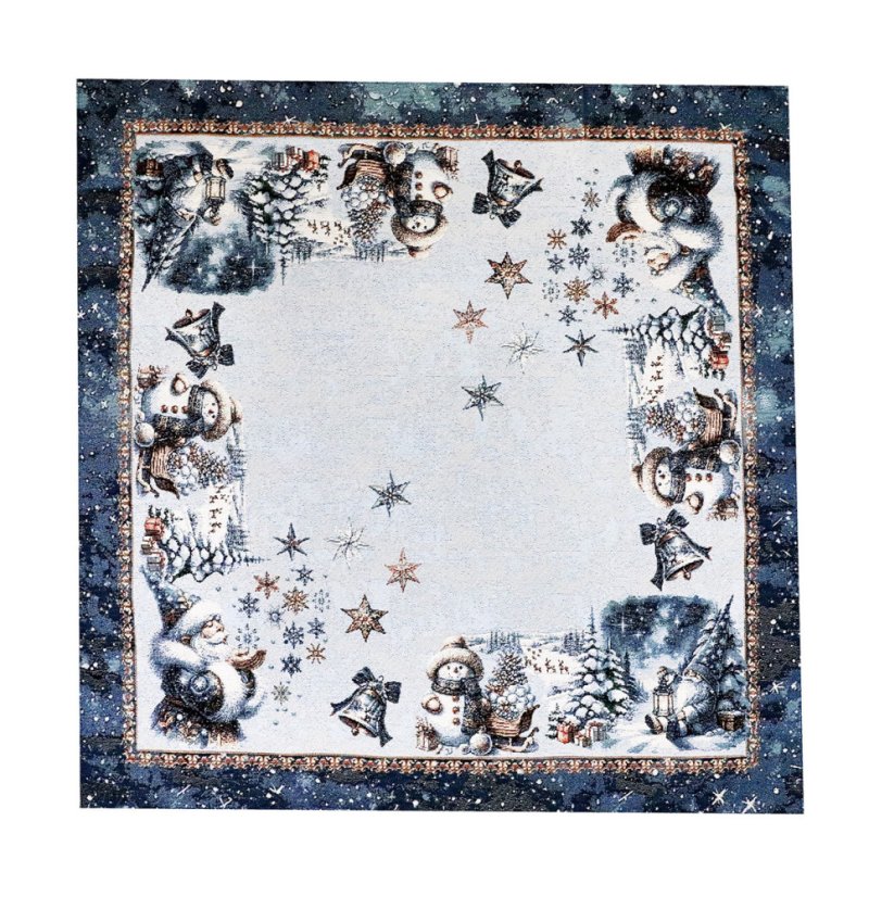 Karácsonyi faliszőnyeg terítő lurexszel - Hóember és hópelyhek