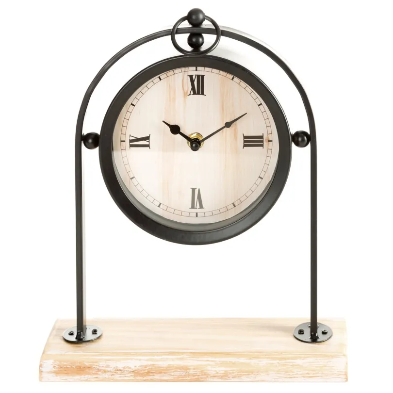 Orologio da tavolo rustico con cornice in metallo e base in legno Orologio da tavolo rustico con cornice in metallo e base in legno